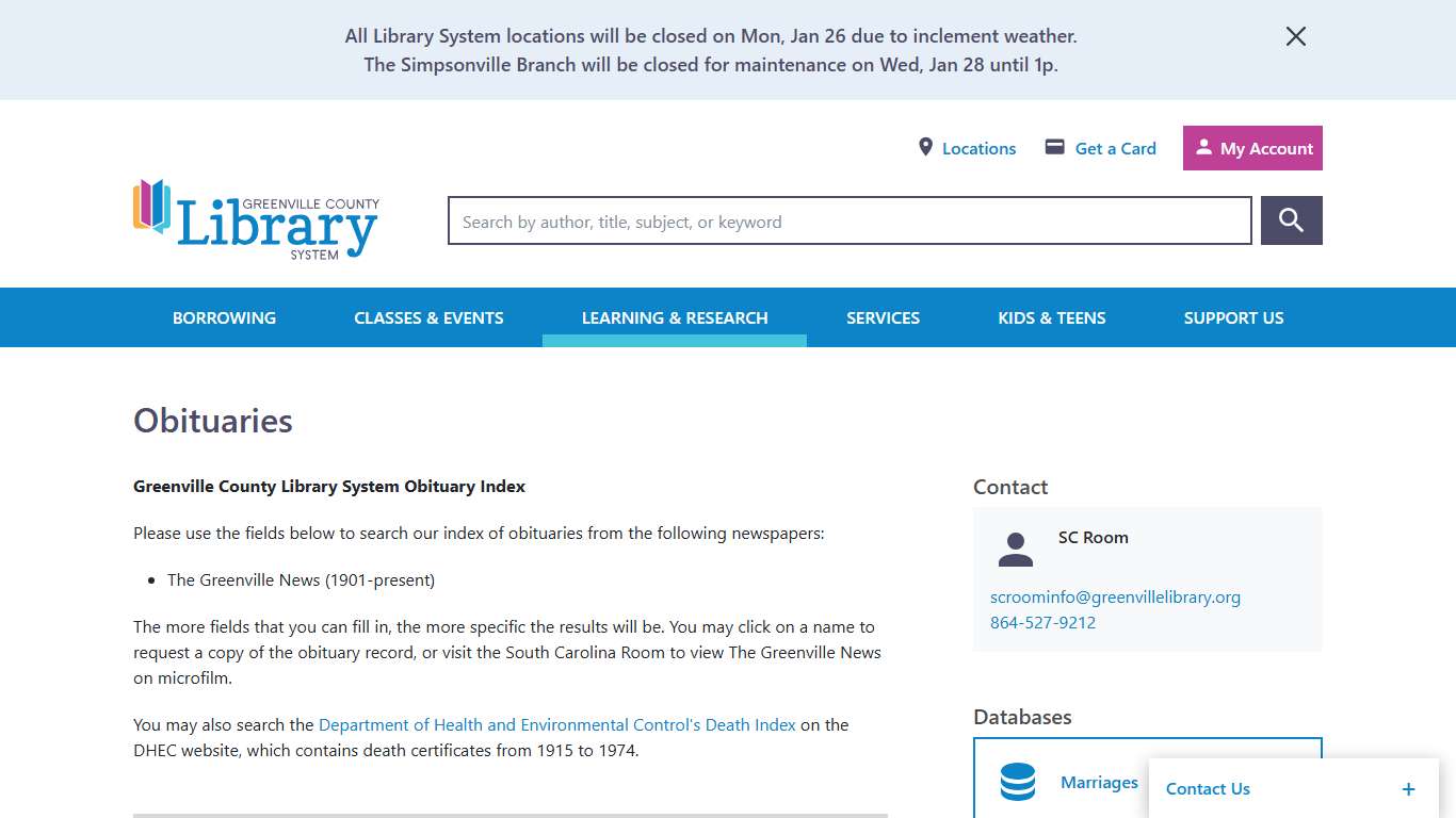 Obituaries Greenville (SC) County Library System